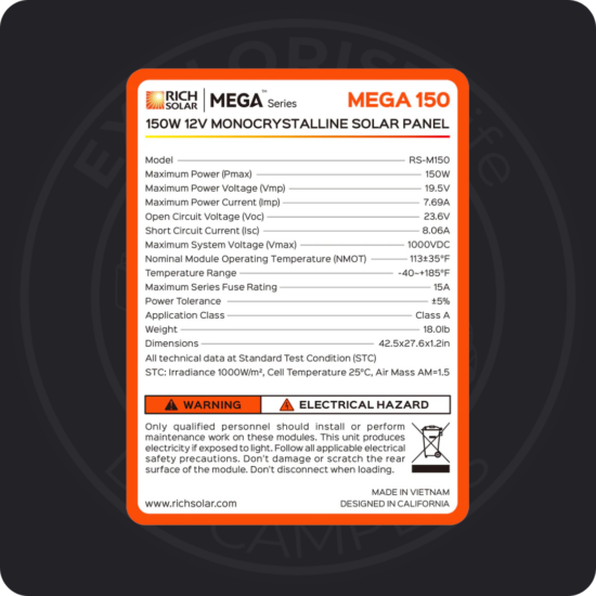 Rich Solar MEGA 150W Solar Panel data